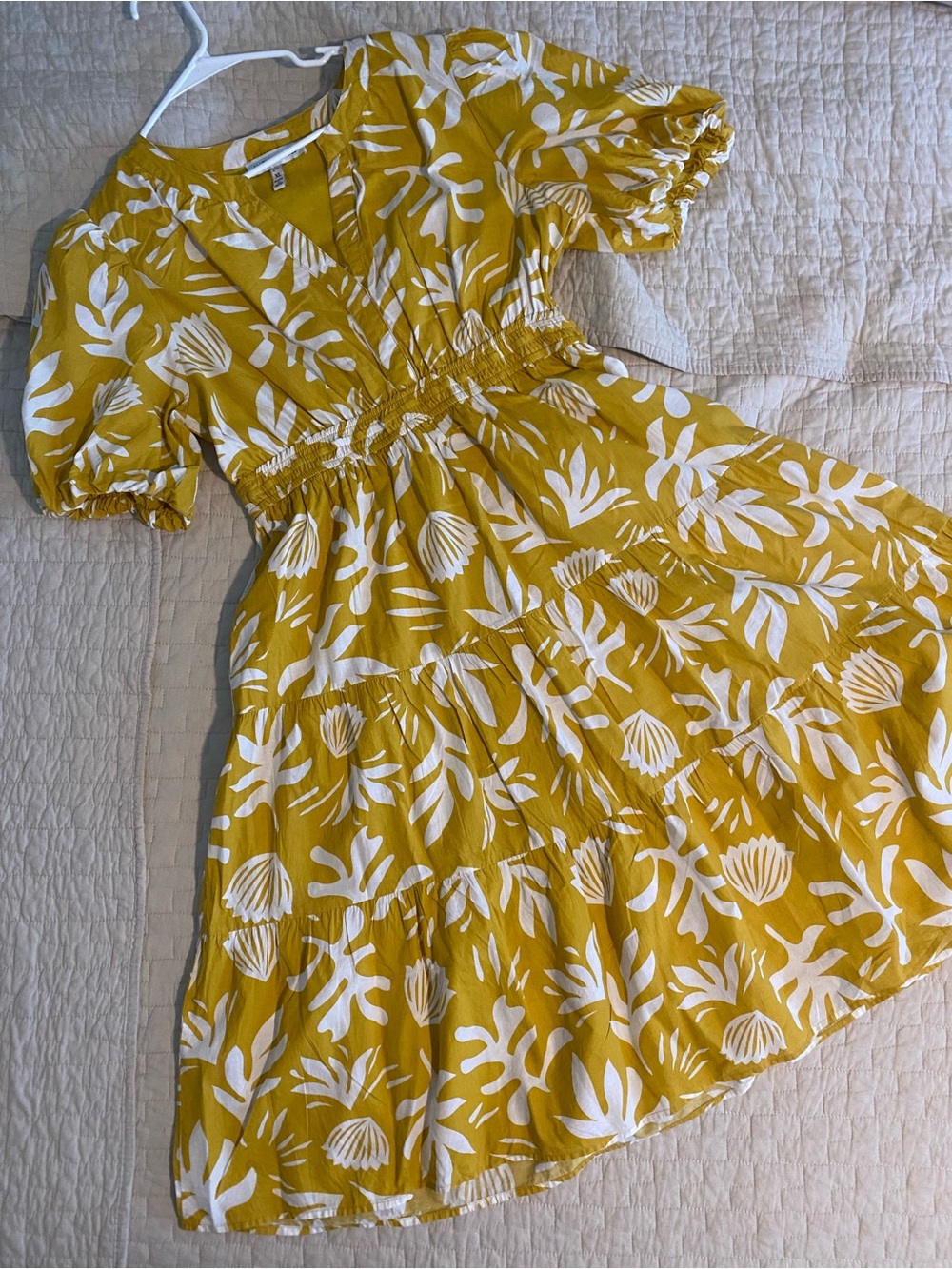 Smocked-Waist Yellow Floral Casual Dress